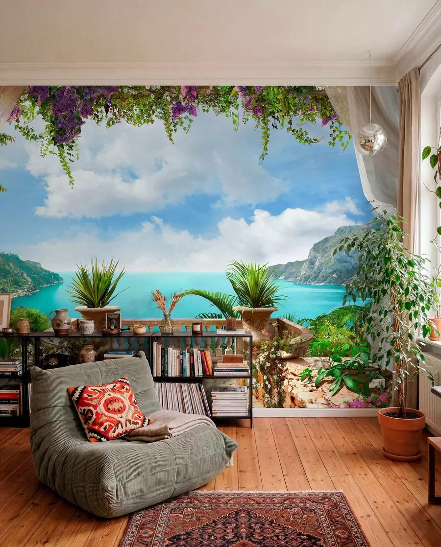 Fotobehang Veranda, met uitzicht op de baai u68055