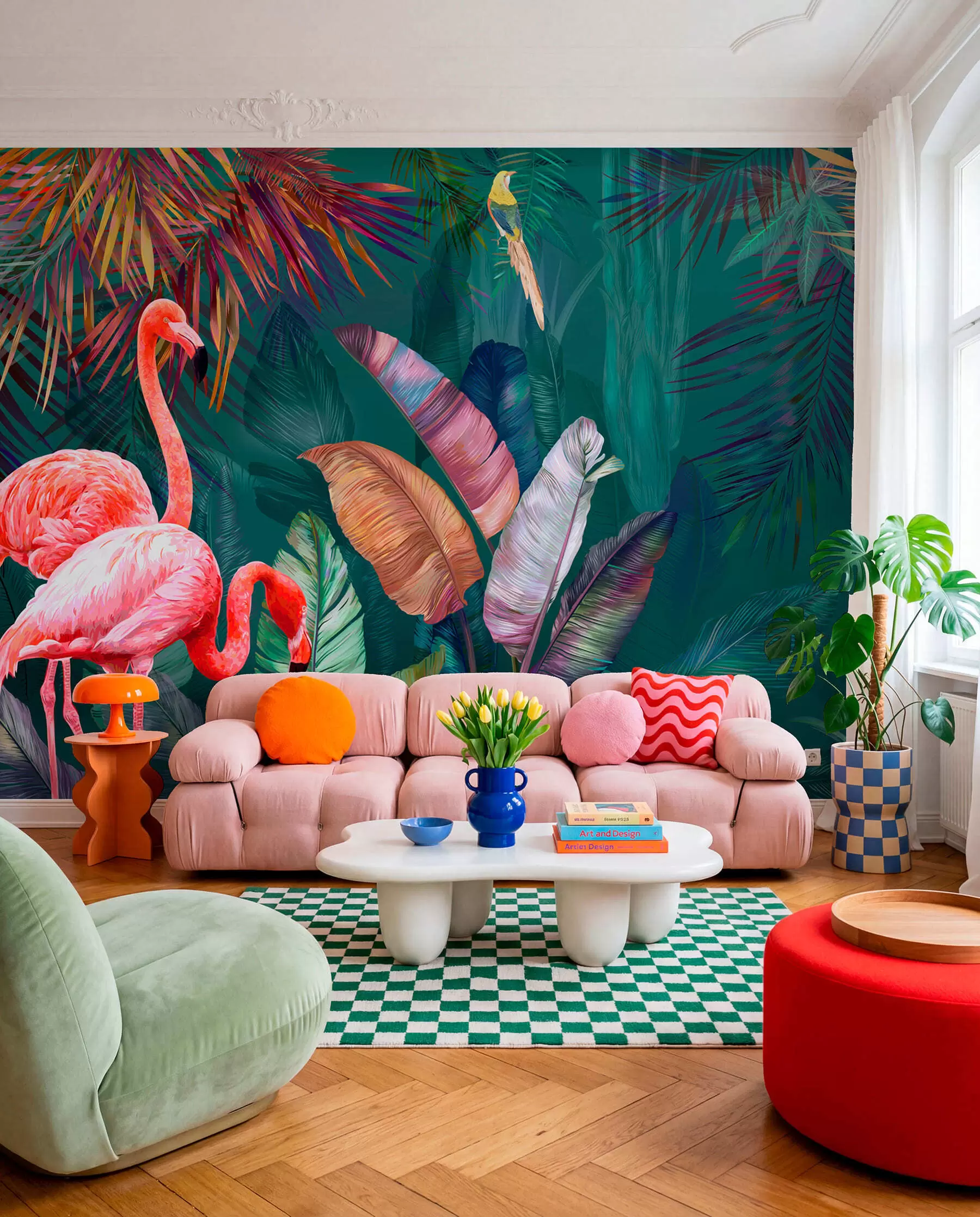 Fotobehang Flamingo's in de gekleurde tropen u80403