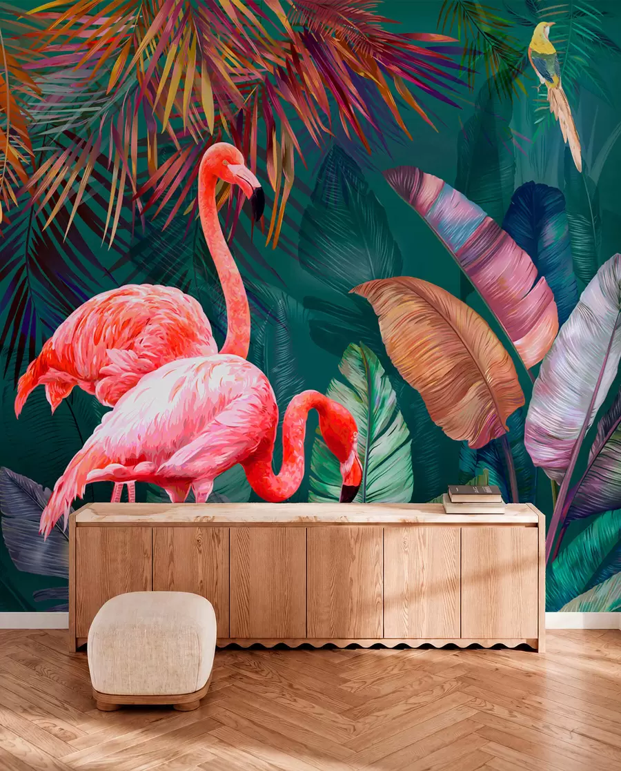 Fotobehang Flamingo's in de gekleurde tropen u80403