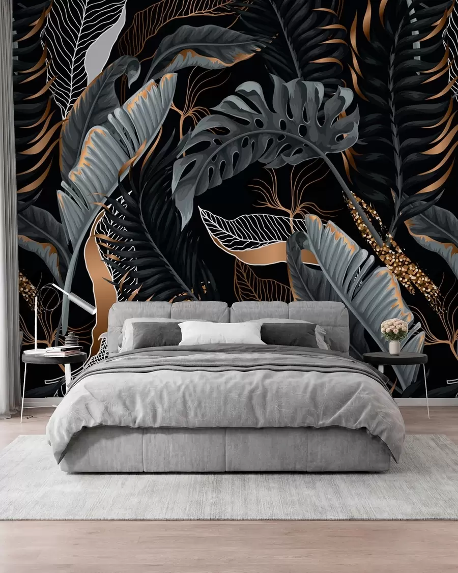 Papier peint photo Feuillage tropical sur fond noir u71889