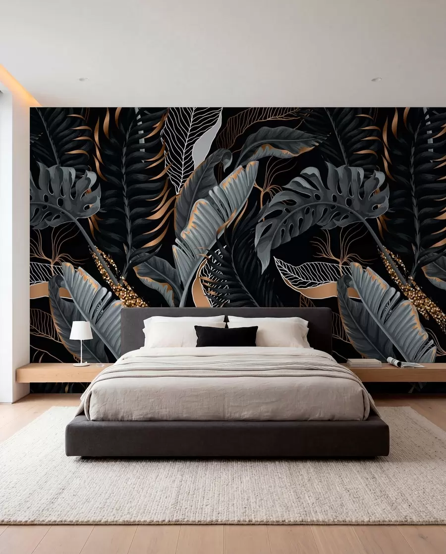 Papier peint photo Feuillage tropical sur fond noir u71889