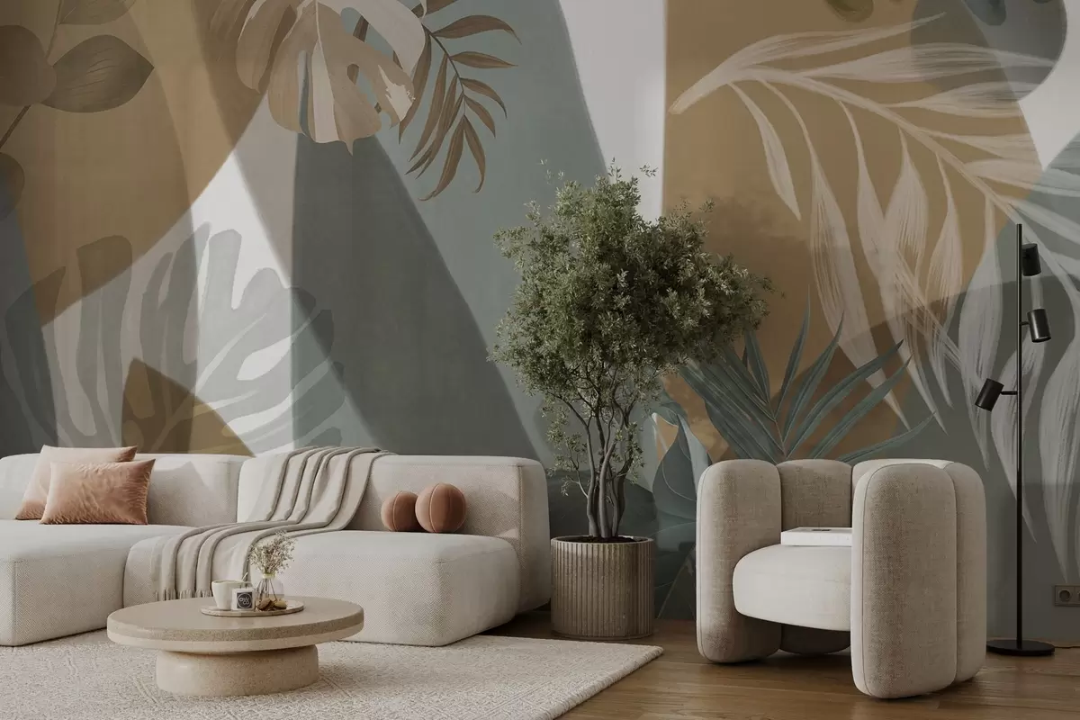 Fotobehang Monsterabladeren en palmbladeren in een patroon met bruine, witte en groene kleuren, tropische sfeer, abstracte vormen, decoratief w09288