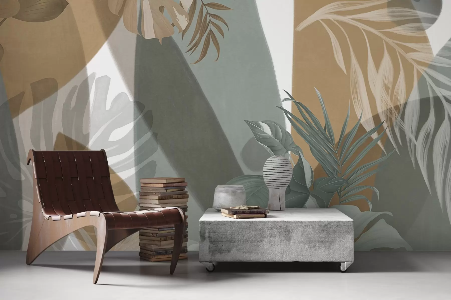 Papier peint photo Feuilles de monstera et feuilles de palmier dans un motif aux couleurs brunes, blanches et vertes, ambiance tropicale, formes abstraites, décoratif w09288