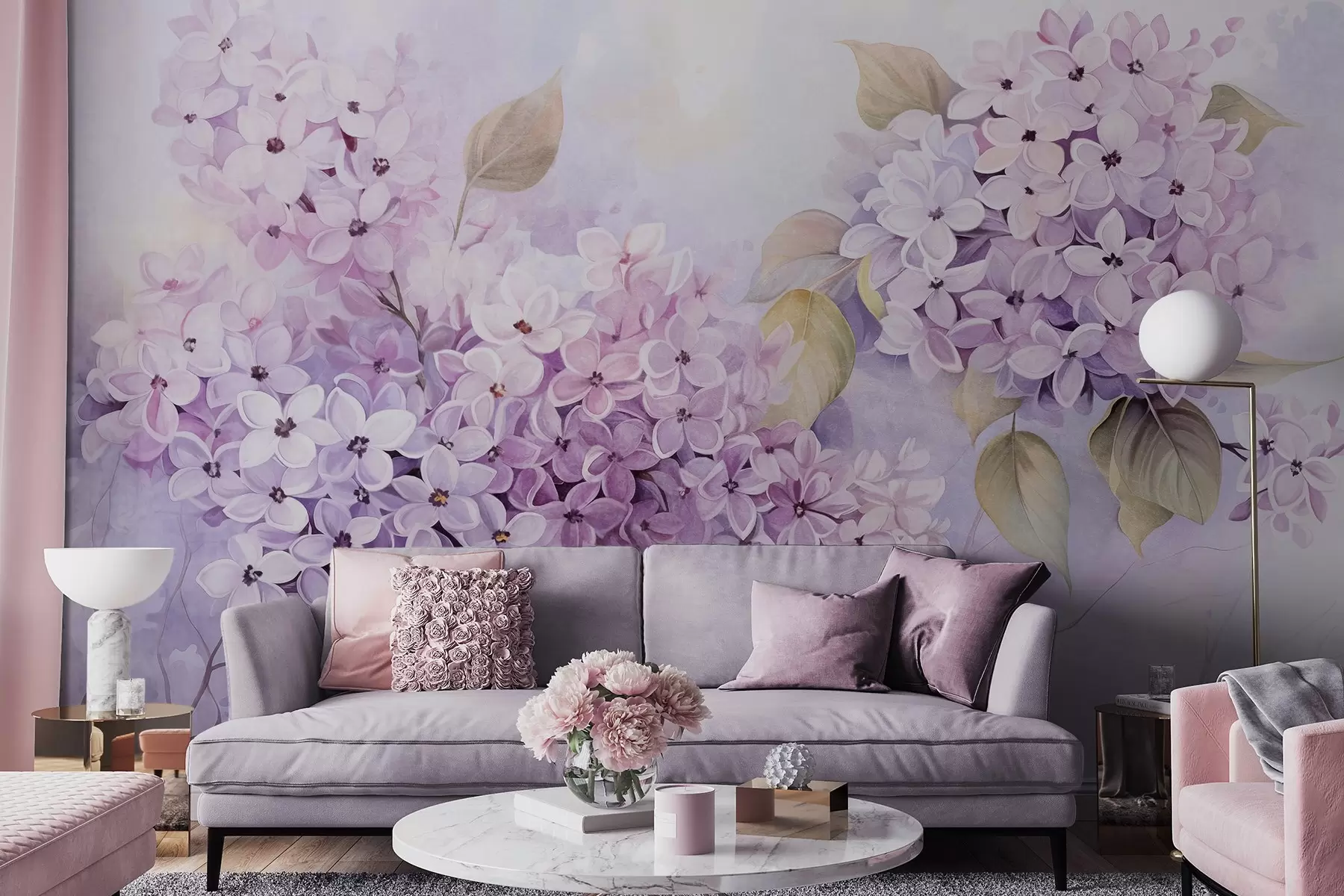 Fotobehang Lila getextureerde bloemen met lichtpaarse bloemblaadjes, lichtgroene bladeren, aquarelstijl, zachte pastelkleuren, fijne penseelstreken w09291