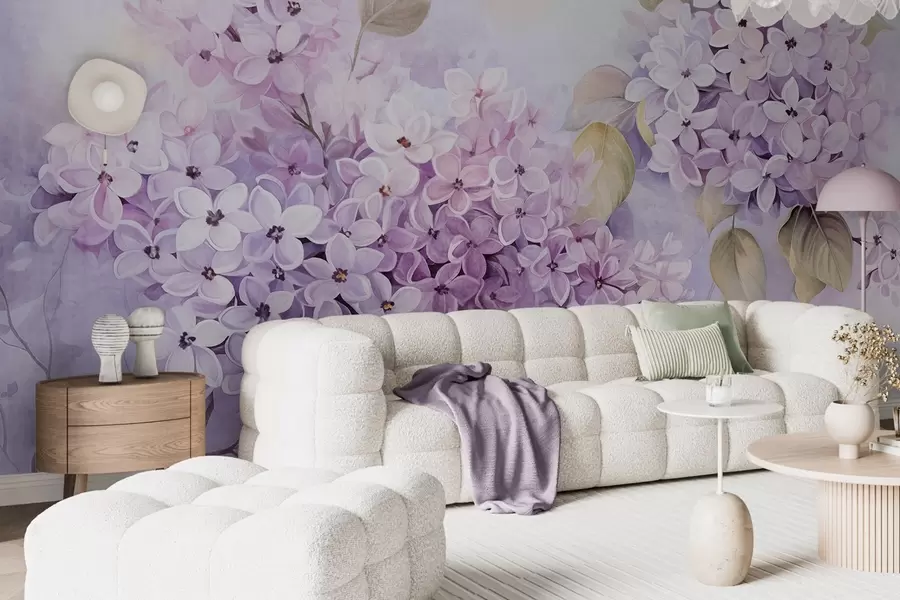 Fotobehang Lila getextureerde bloemen met lichtpaarse bloemblaadjes, lichtgroene bladeren, aquarelstijl, zachte pastelkleuren, fijne penseelstreken w09291