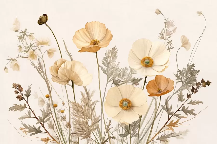 Fotobehang Oranje en witte vintage klaprozen met dunne stengels en bladeren, lichtbeige achtergrond, aquarelstijl w09293