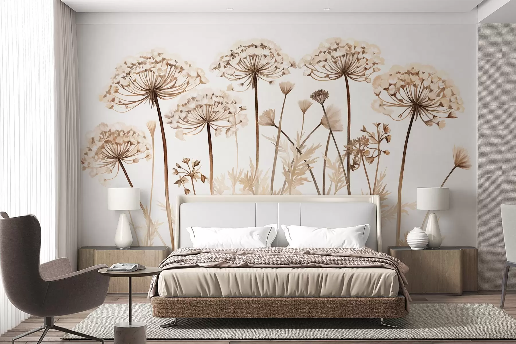 Fotobehang Queen Anne's Lace bloemen in een veld, getextureerd schilderij imitatie, bruin, beige en wit kleurenpalet, botanische illustratie w09294
