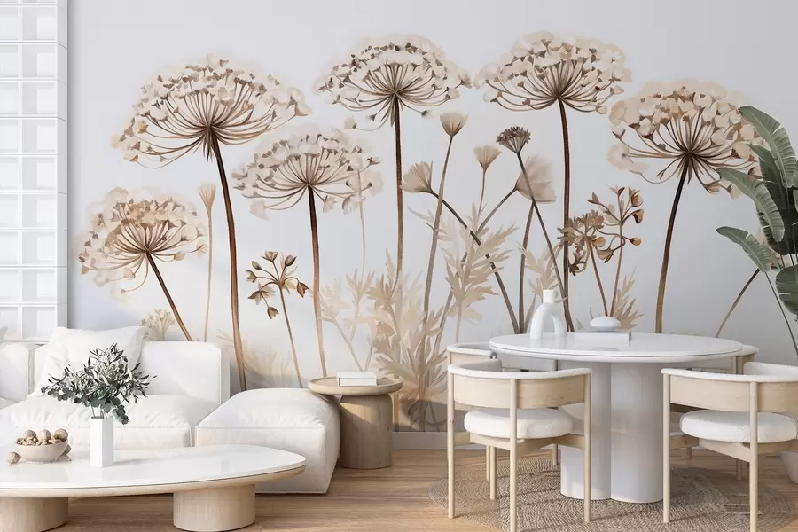 Fotobehang Queen Anne's Lace bloemen in een veld, getextureerd schilderij imitatie, bruin, beige en wit kleurenpalet, botanische illustratie w09294