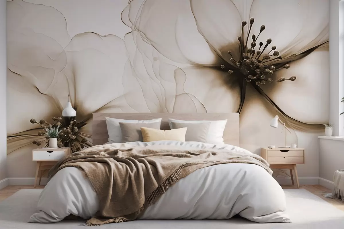 Fotobehang Twee doorschijnende bruine bloemen met zichtbare meeldraden, overlappende bloemblaadjes en een zacht vloeiende textuur w09295