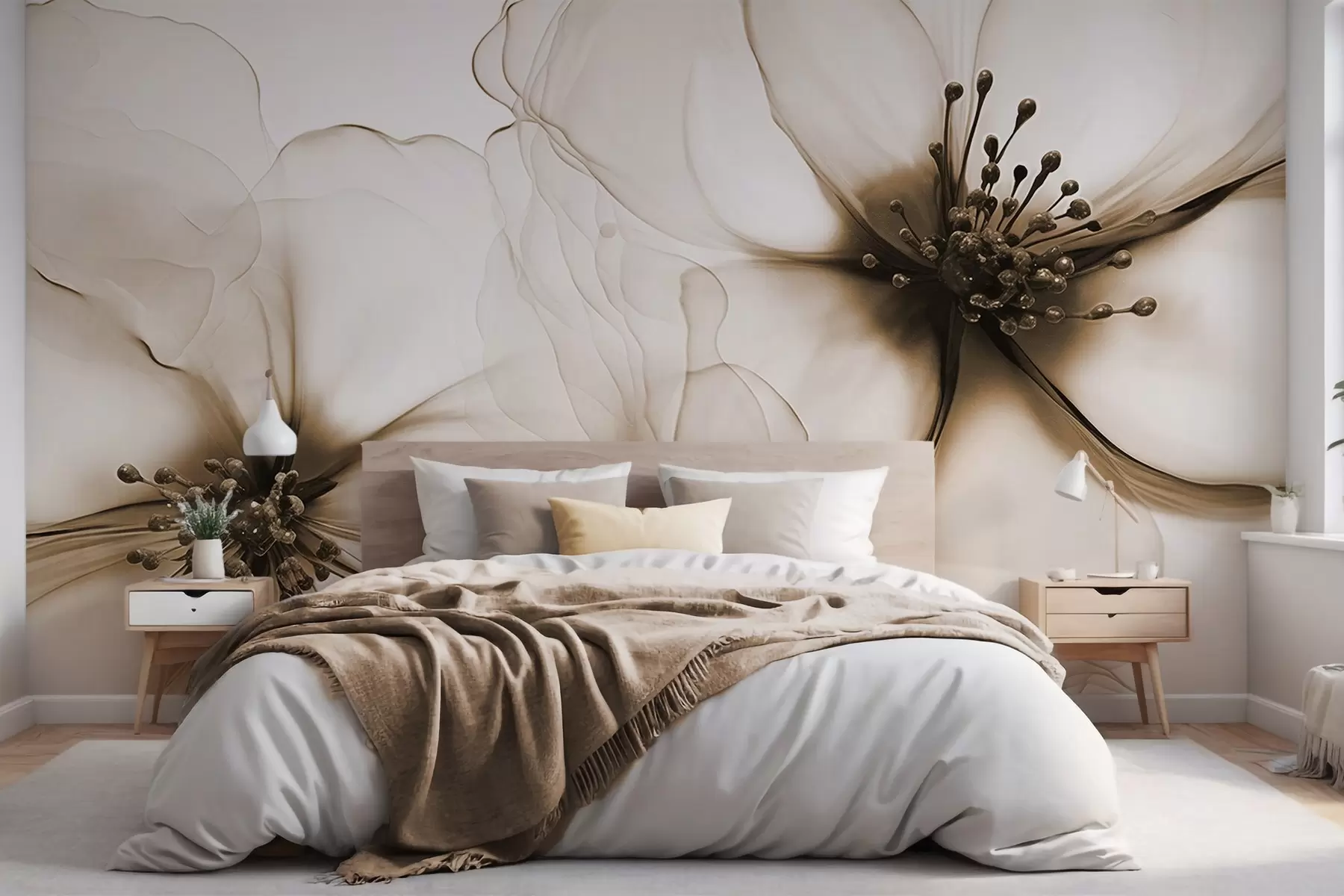 Fotobehang Twee doorschijnende bruine bloemen met zichtbare meeldraden, overlappende bloemblaadjes en een zacht vloeiende textuur w09295