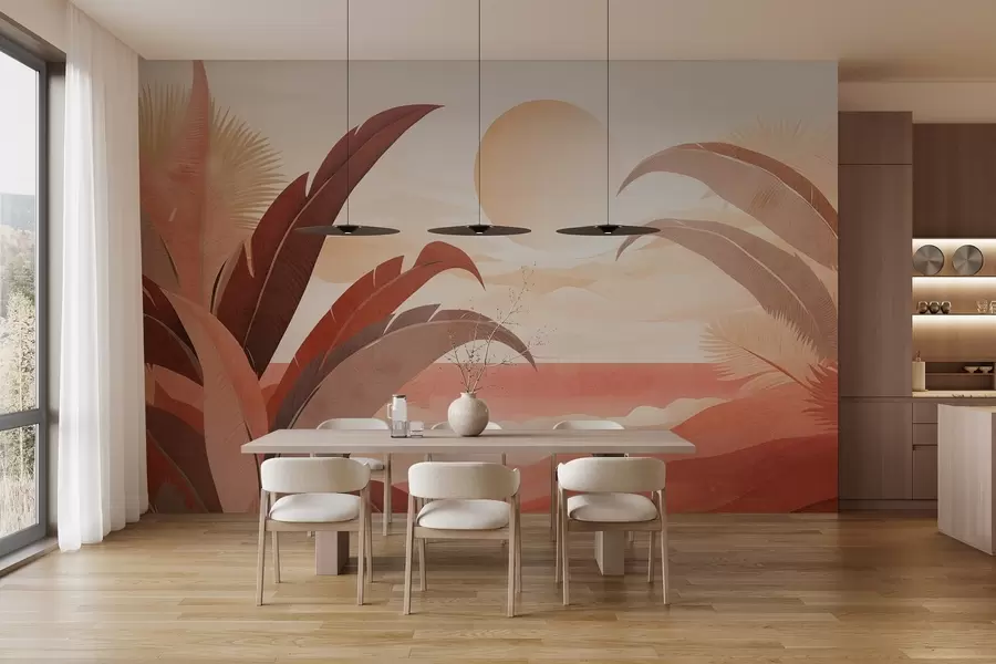 Fotobehang Tropisch abstract landschap met palmbladeren en een grote zon aan de hemel, warm kleurenpalet, minimalistische stijl, gestileerd w09296