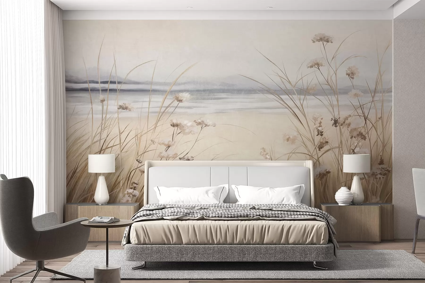 Fotobehang Een tarweveld met witte bloemen op de voorgrond, een strand en de oceaan op de achtergrond, neutrale pastel gedempte kleuren w09298