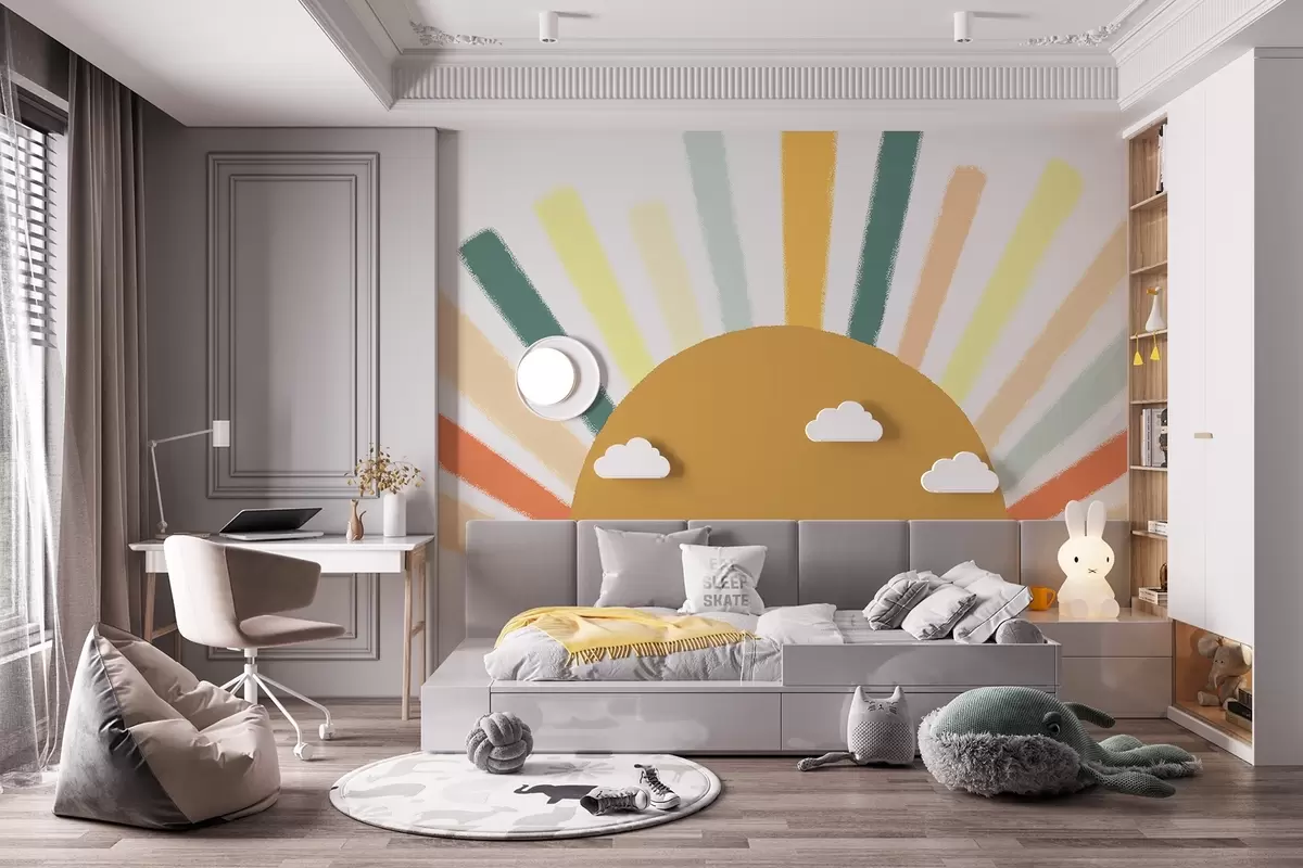 Fotobehang Abstracte zon met gekleurde stralen w04352