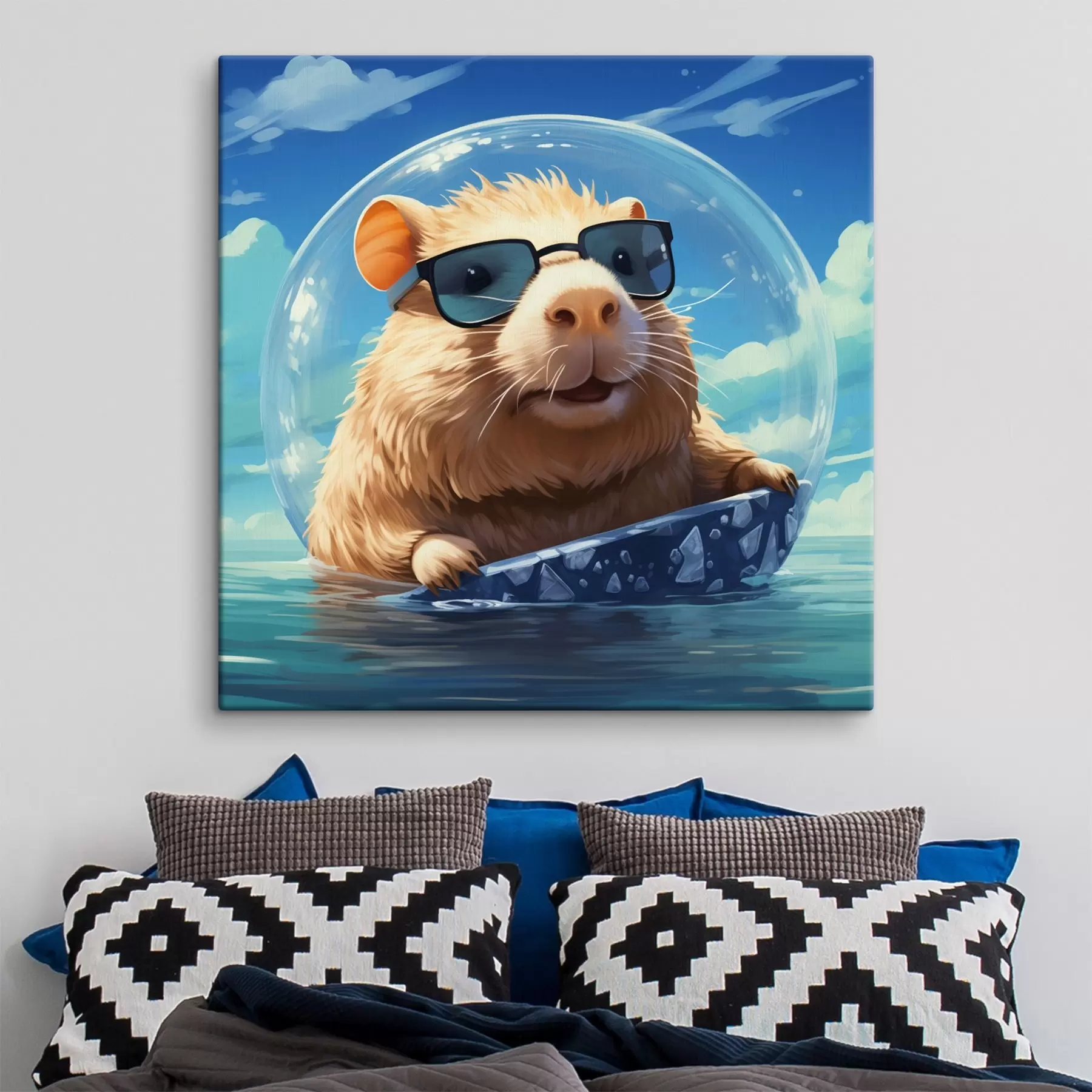 Papier peint photo Capybara joyeux dans une bulle transparente sur l'eau s45029