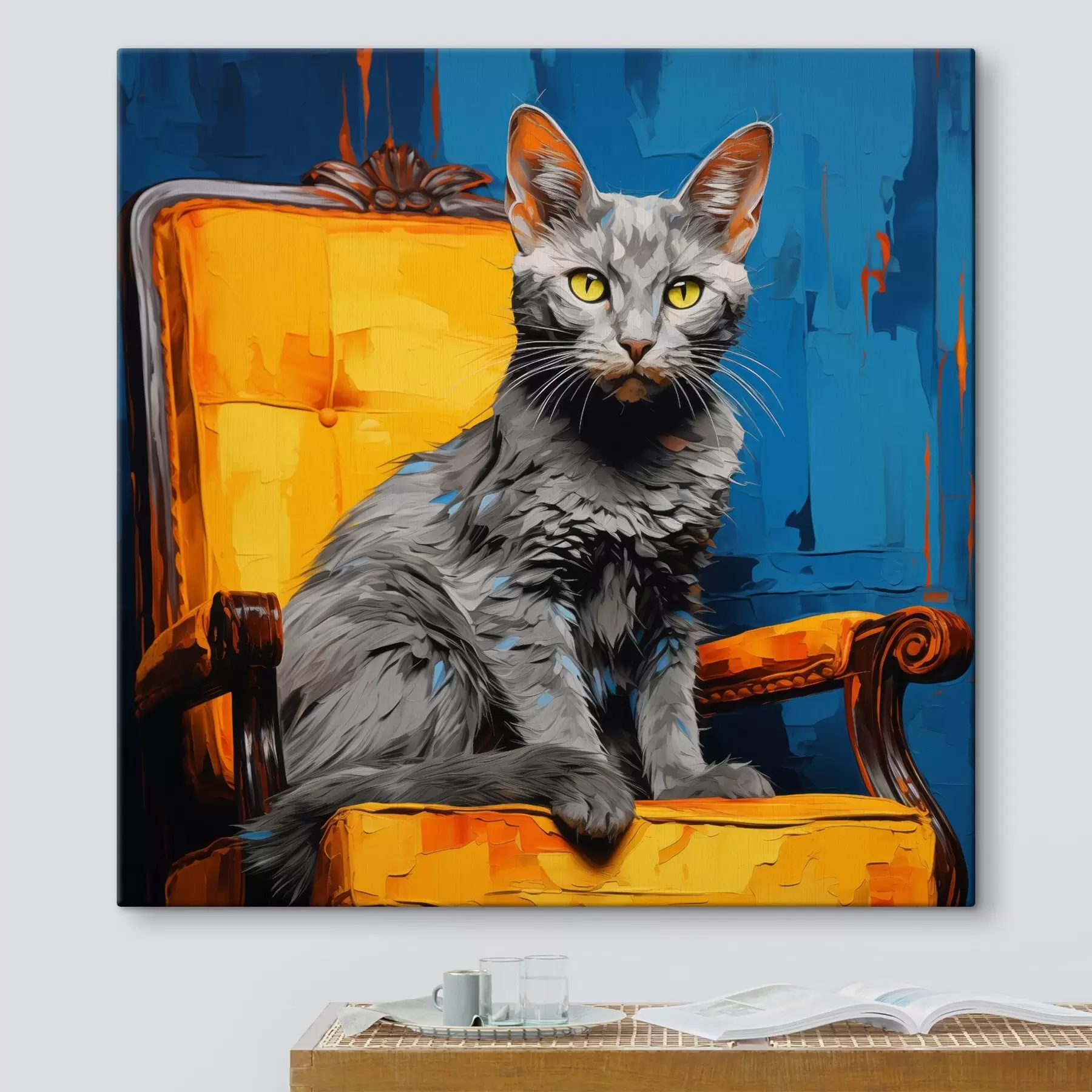  Schilderijen Artistiek kattenportret op blauwe achtergrond s45030