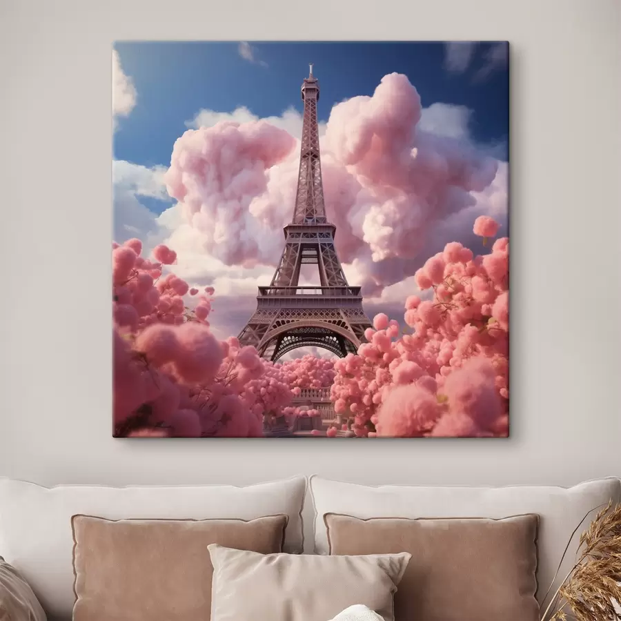  Peintures Tour Eiffel dans des nuages roses en style fantaisiste s45036