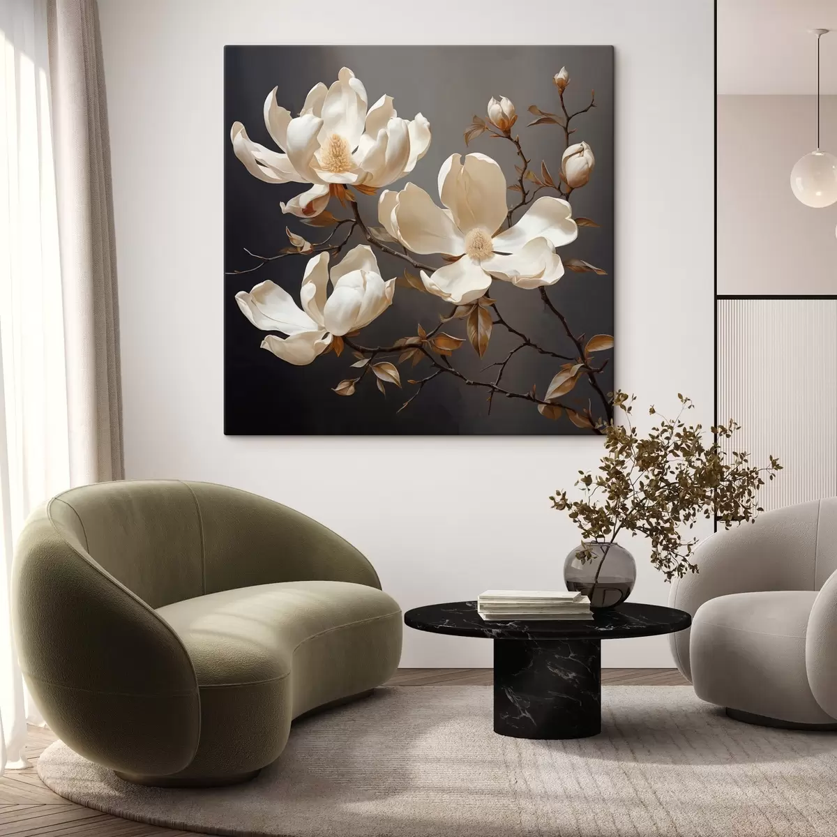  Peintures Magnolias blancs sur fond sombre dans un style pictural s45038