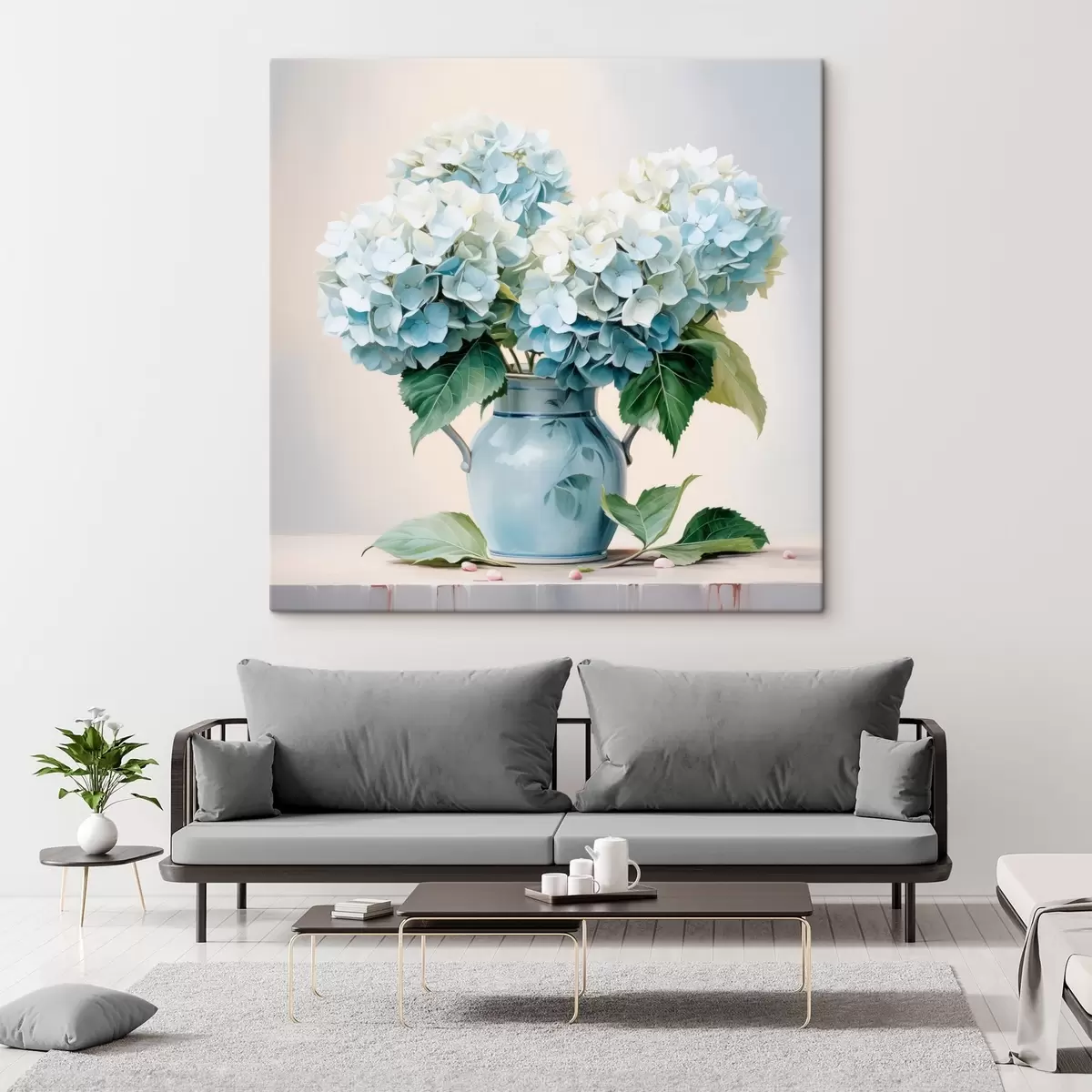  Peintures Hortensias frais dans un vase bleu sur fond clair s45043