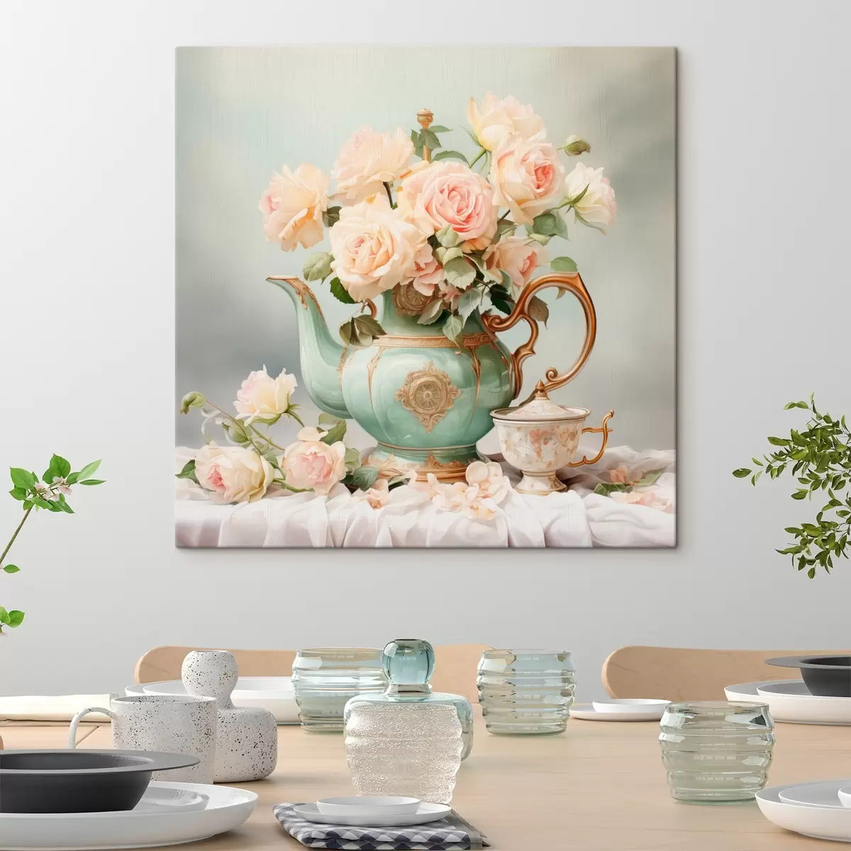  Peintures Nature morte avec des roses délicates dans un service à thé s45045