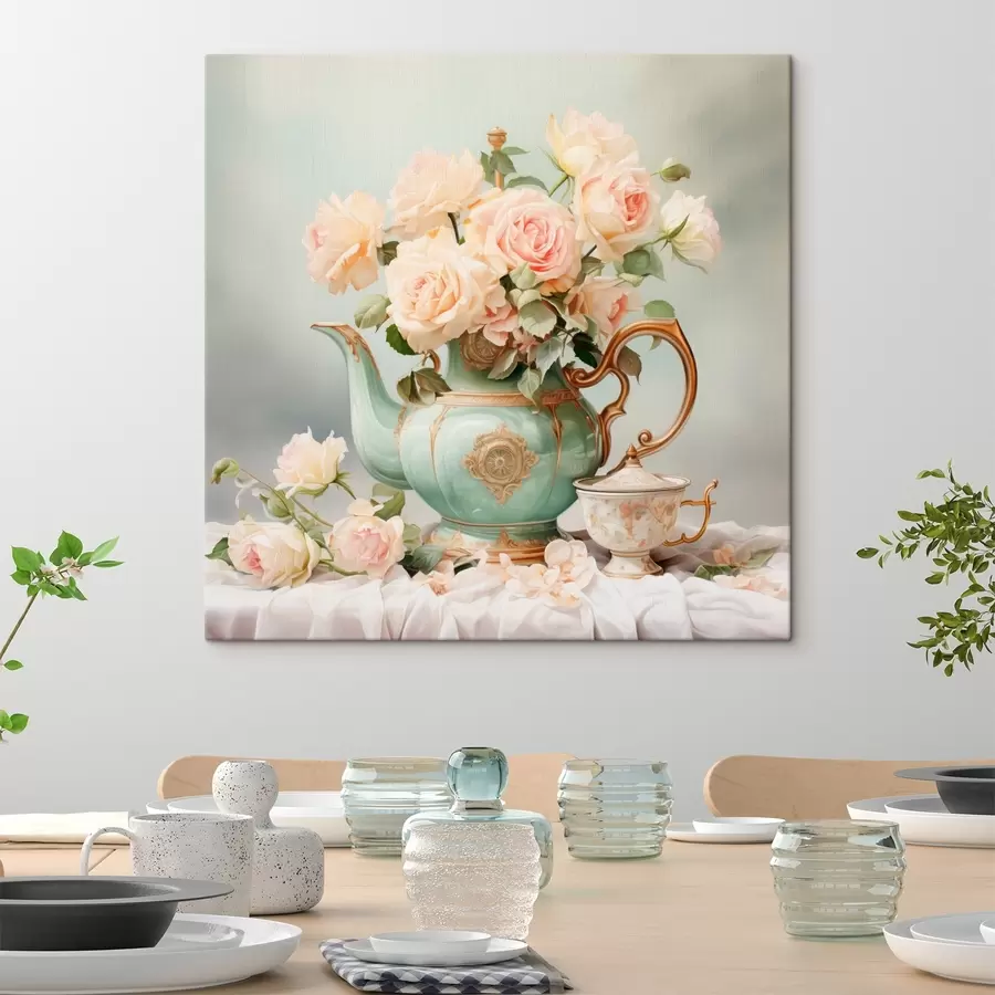  Schilderijen Stilleven met delicate rozen in een theeserviesje s45045