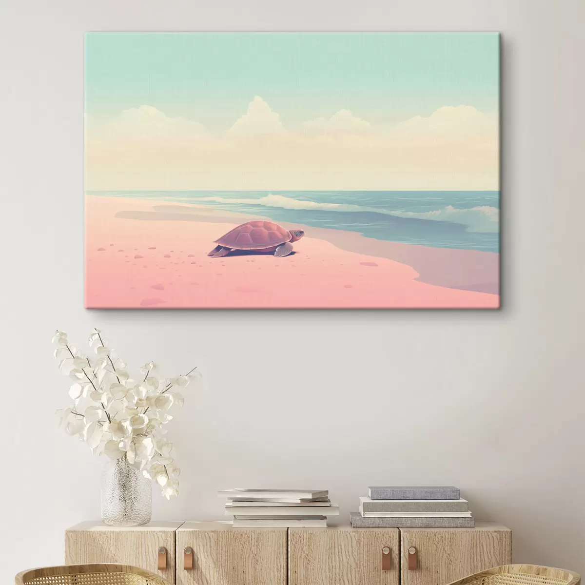  Peintures Tortue de mer sur une plage rose : paysage minimaliste s45059