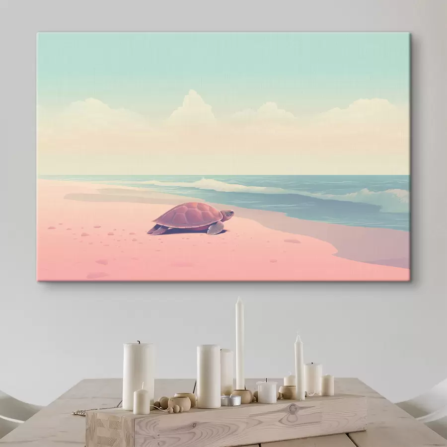  Peintures Tortue de mer sur une plage rose : paysage minimaliste s45059