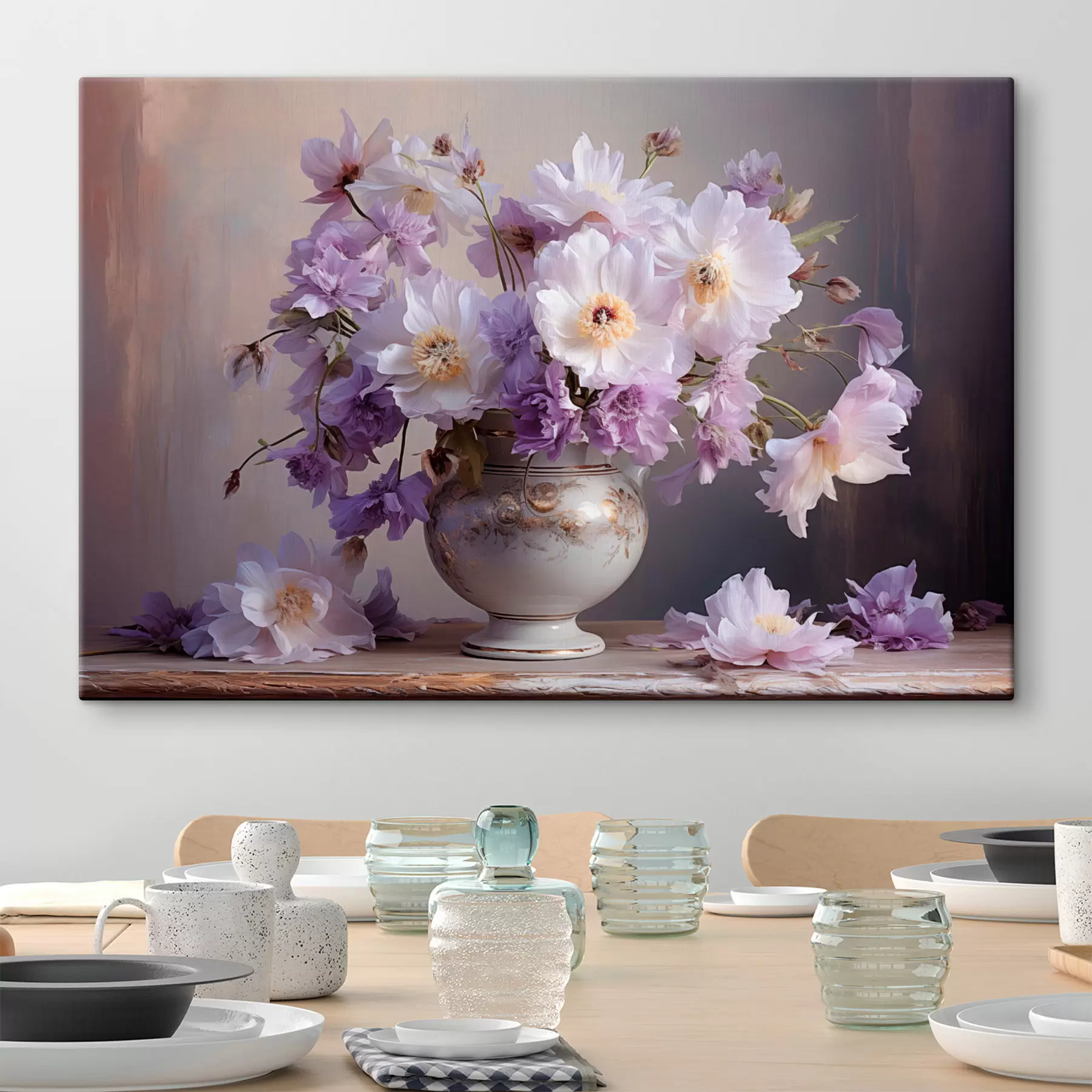  Schilderijen Bloemstilleven: witte en paarse bloemen in artistieke stijl s45058