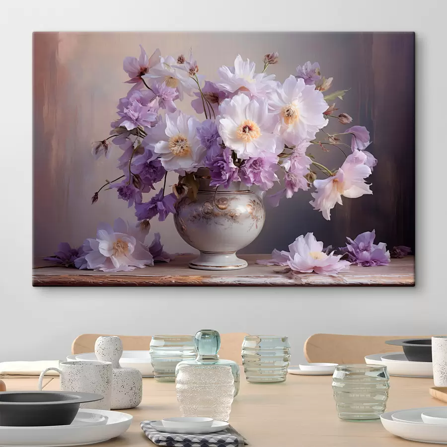  Peintures Nature morte florale : fleurs blanches et violettes dans un style artistique s45058