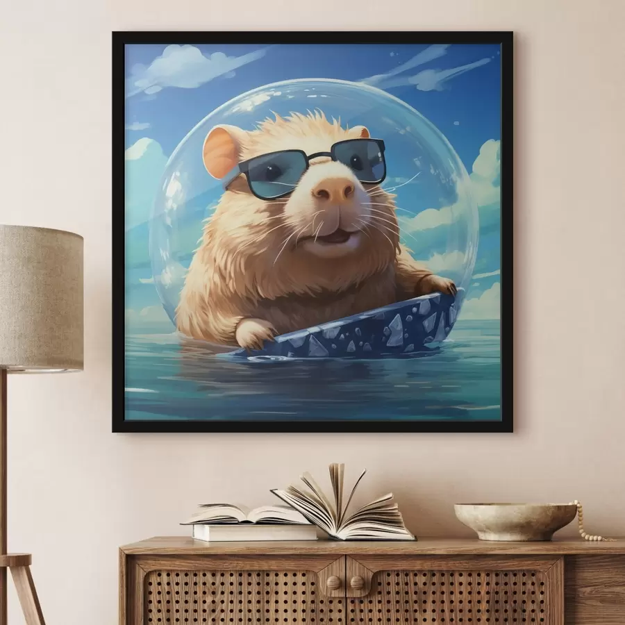 Fotobehang Vrolijke capibara in een transparante bel op het water f45029