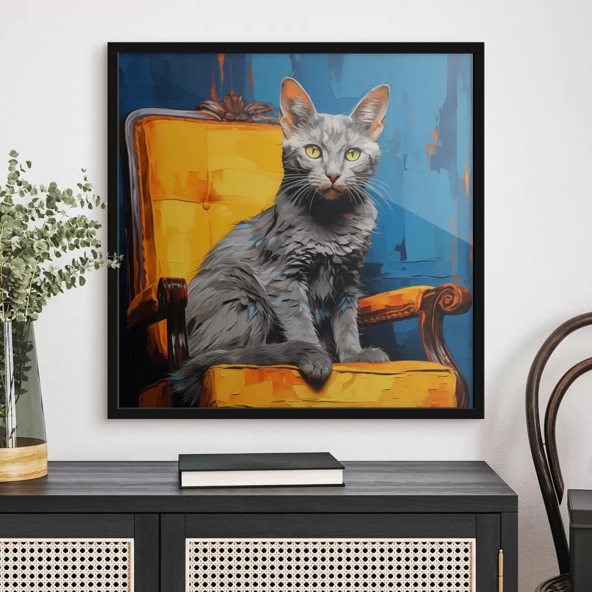 Poster Artistiek kattenportret op blauwe achtergrond f45030