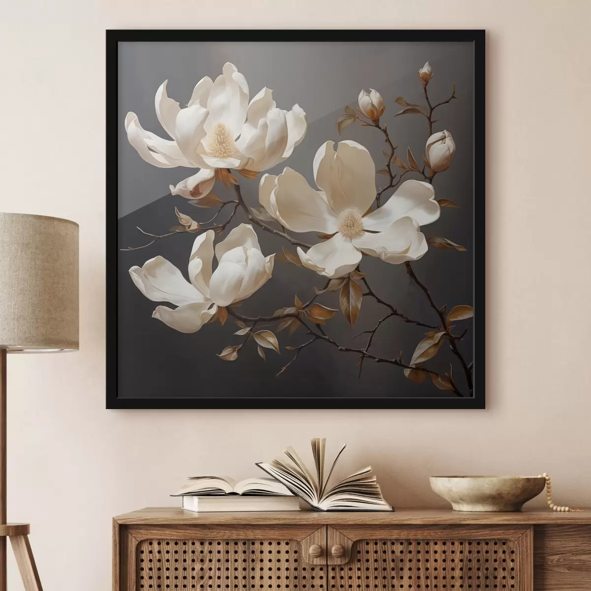 Poster Witte magnolia's op donkere achtergrond in schilderstijl f45038