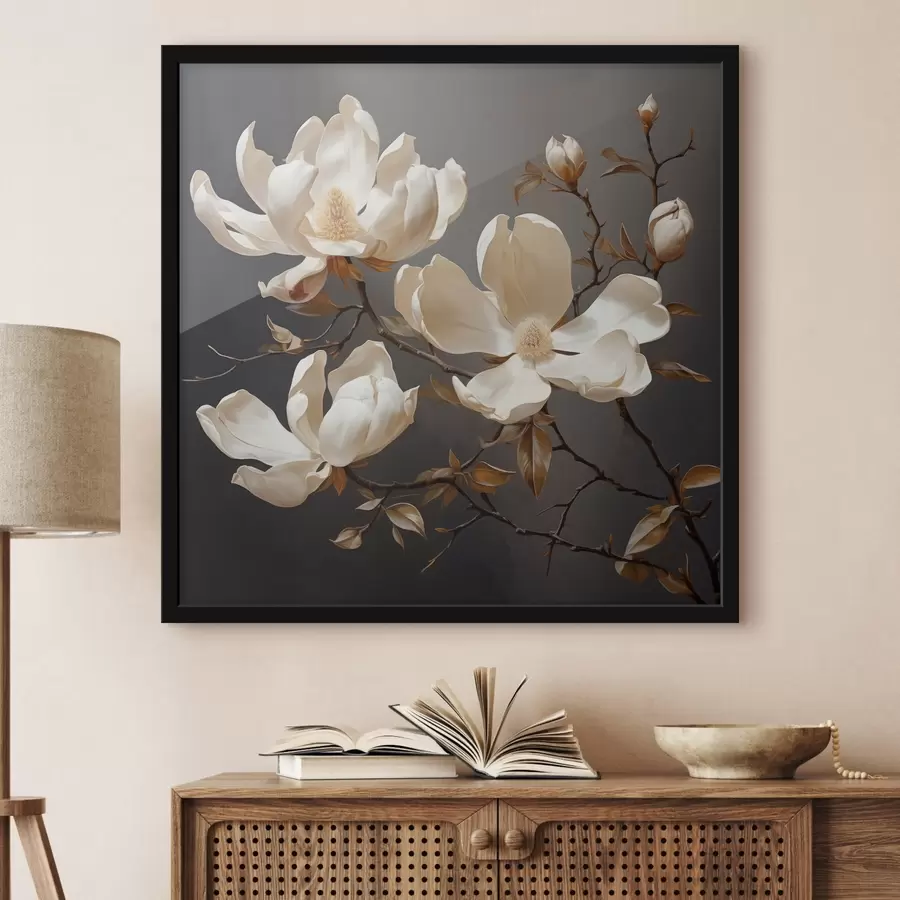 Fotobehang Witte magnolia's op donkere achtergrond in schilderstijl f45038