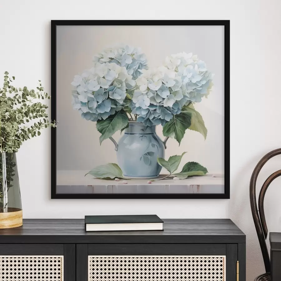 Papier peint photo Hortensias frais dans un vase bleu sur fond clair f45043
