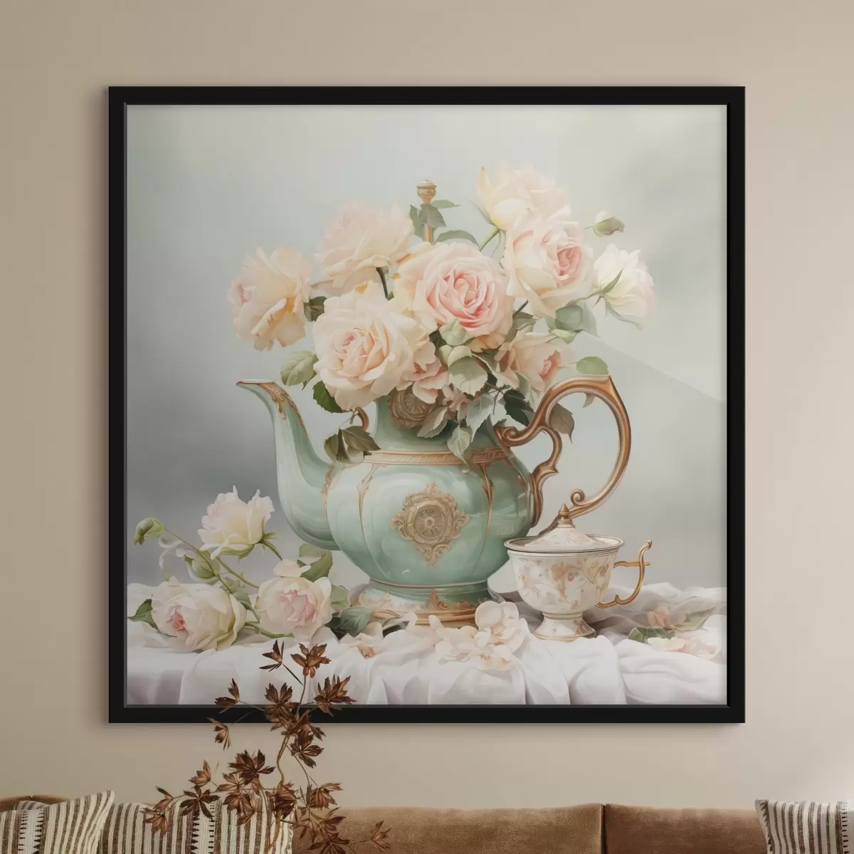 Poster Stilleven met delicate rozen in een theeserviesje f45045