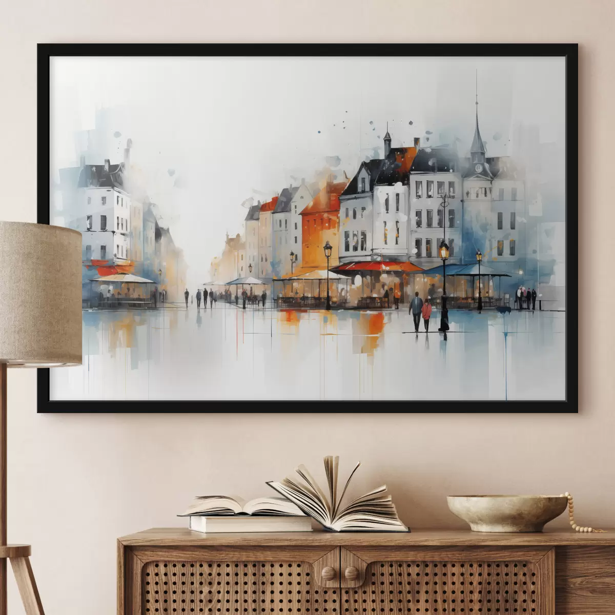 Affiche Scène de rue avec des bâtiments et des personnes dans un style artistique f45050