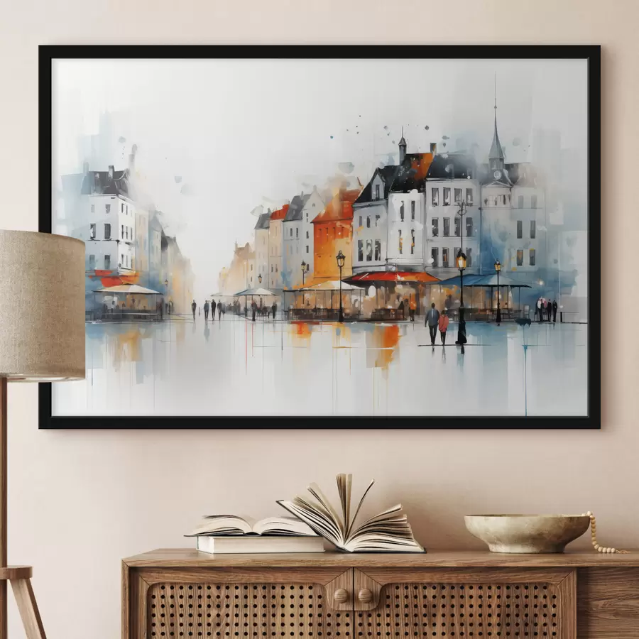 Papier peint photo Scène de rue avec des bâtiments et des personnes dans un style artistique f45050