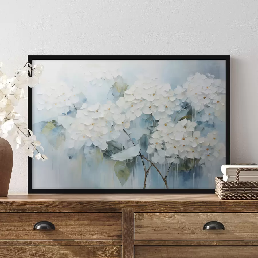 Papier peint photo Hortensias blancs en fleurs dans le style de la peinture à l'huile f45051