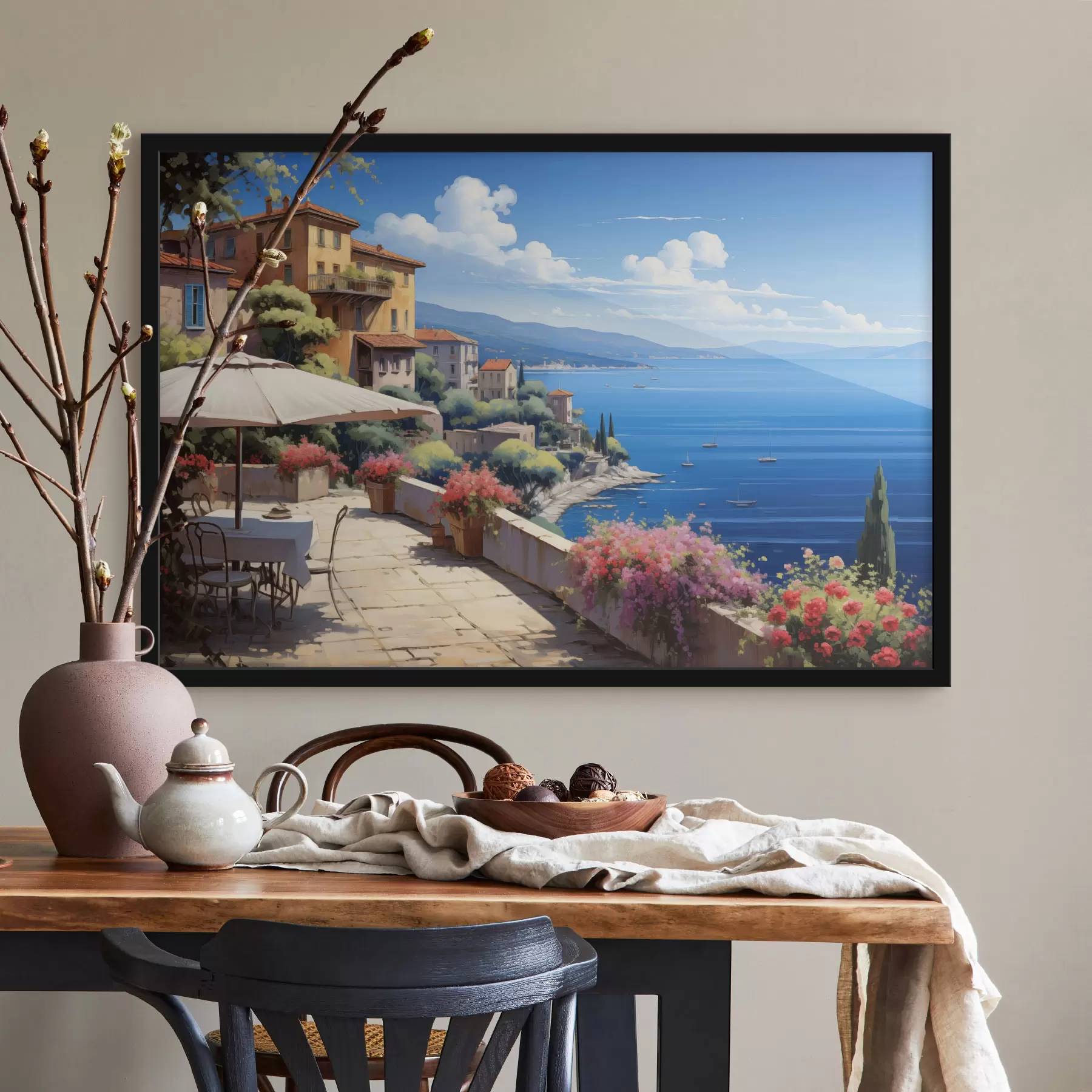 Fotobehang Mediterraan landschap met bloeiend terras in artistieke stijl f45053