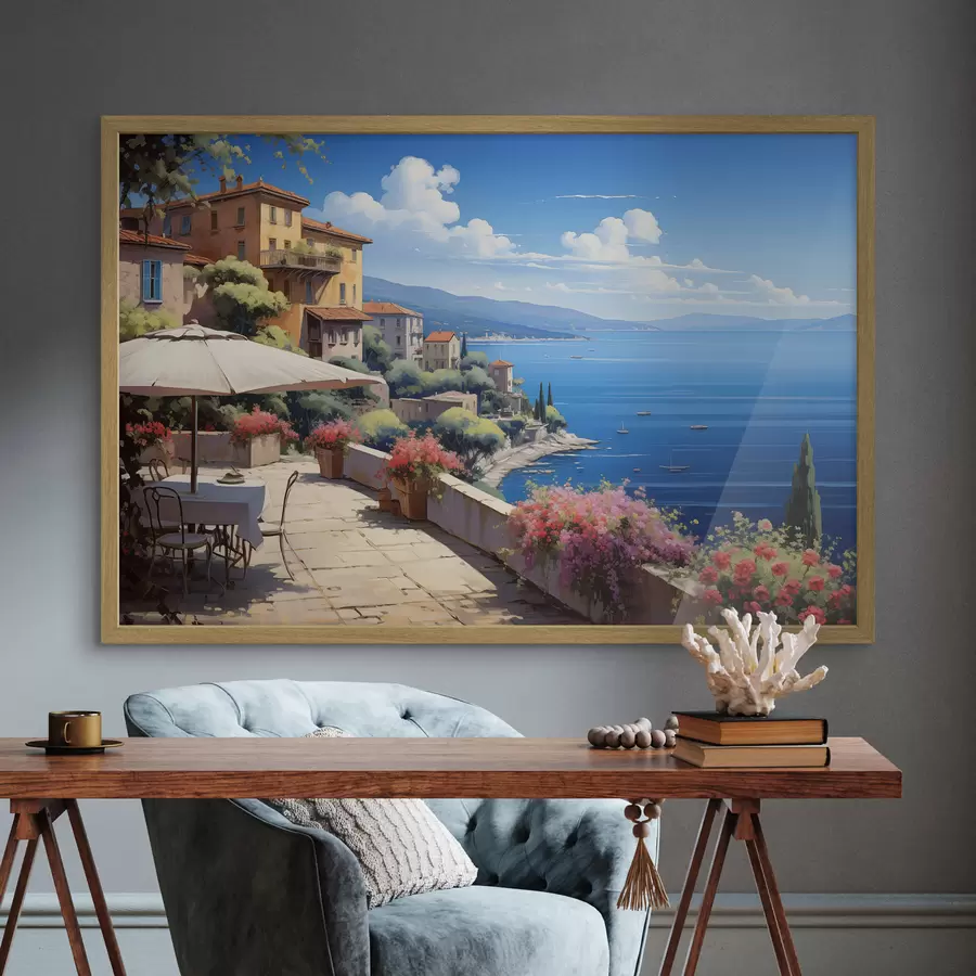 Fotobehang Mediterraan landschap met bloeiend terras in artistieke stijl f45053