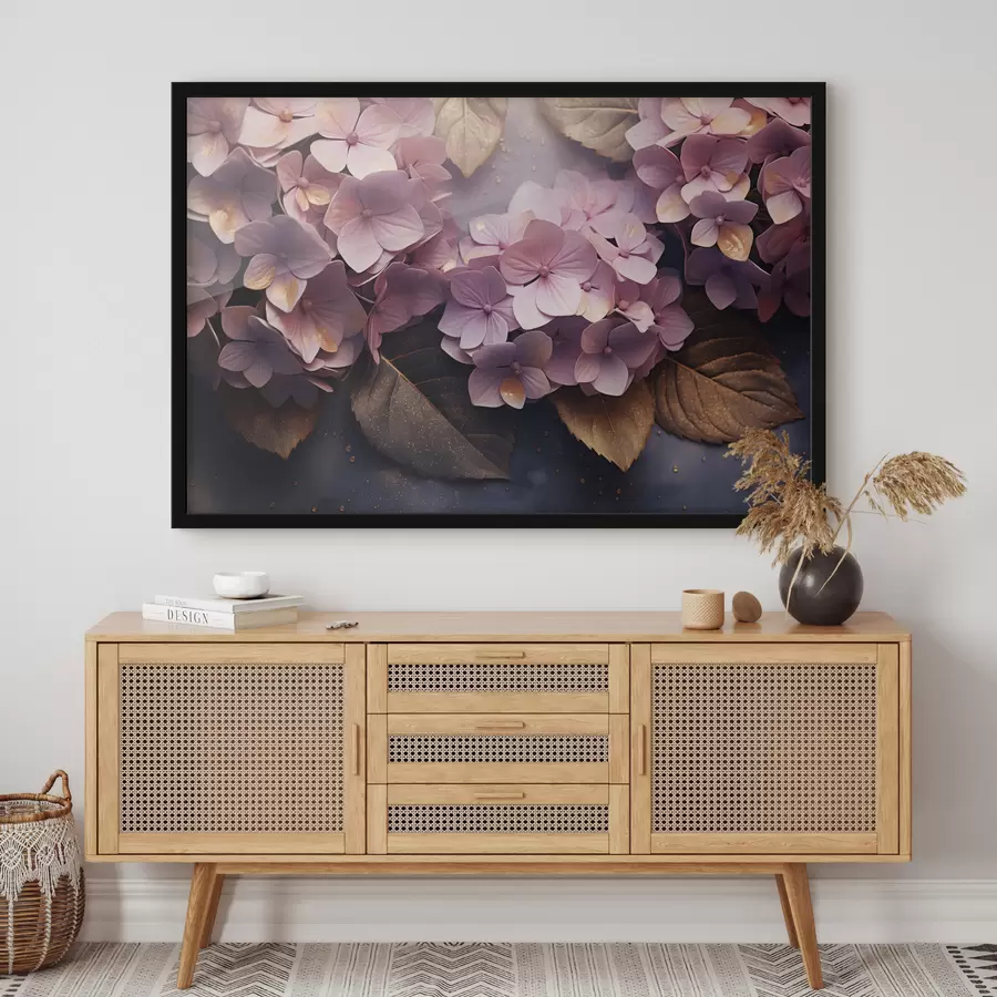 Papier peint photo Hortensias roses luxuriants sur un fond sombre dans un style pictural f45054