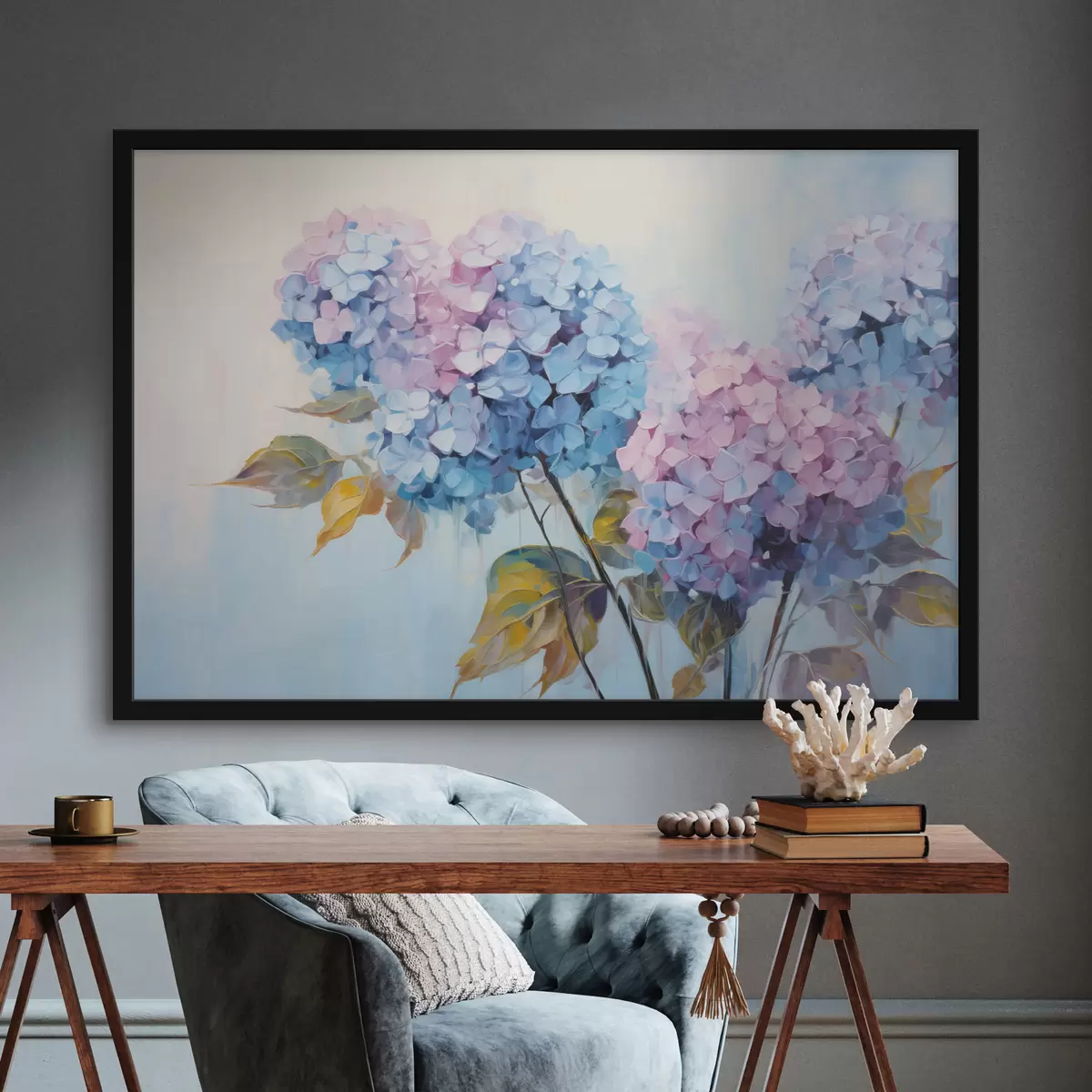 Poster Abstracte hortensiabloesems in zachte tinten f45056