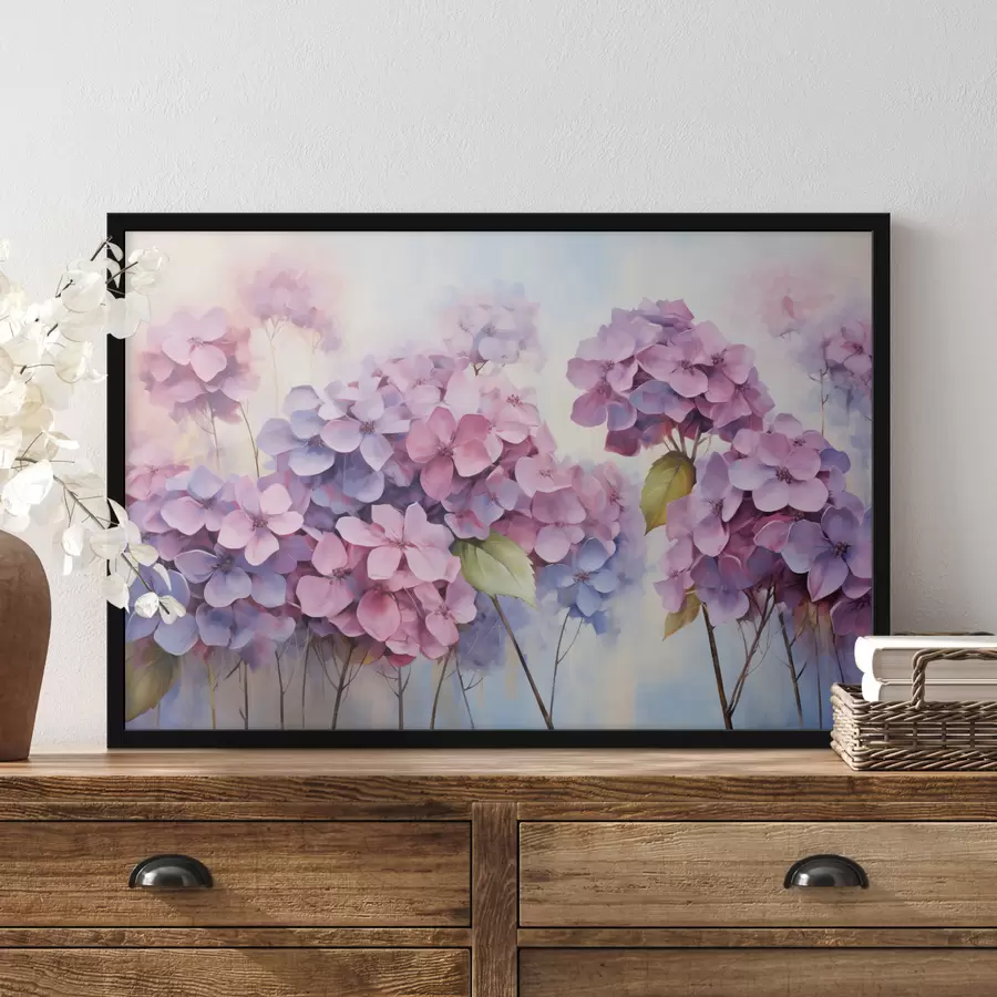 Papier peint photo Champ d'hortensias délicats dans des tons pastel f45057