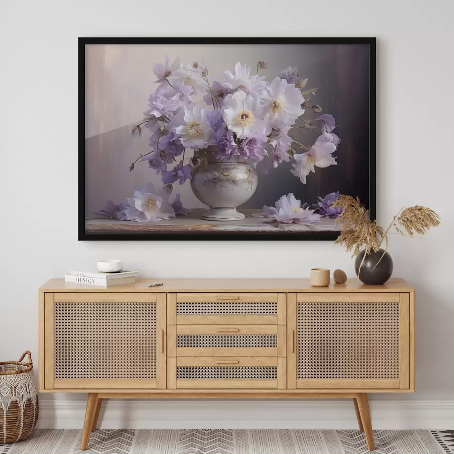 Fotobehang Bloemstilleven: witte en paarse bloemen in artistieke stijl f45058
