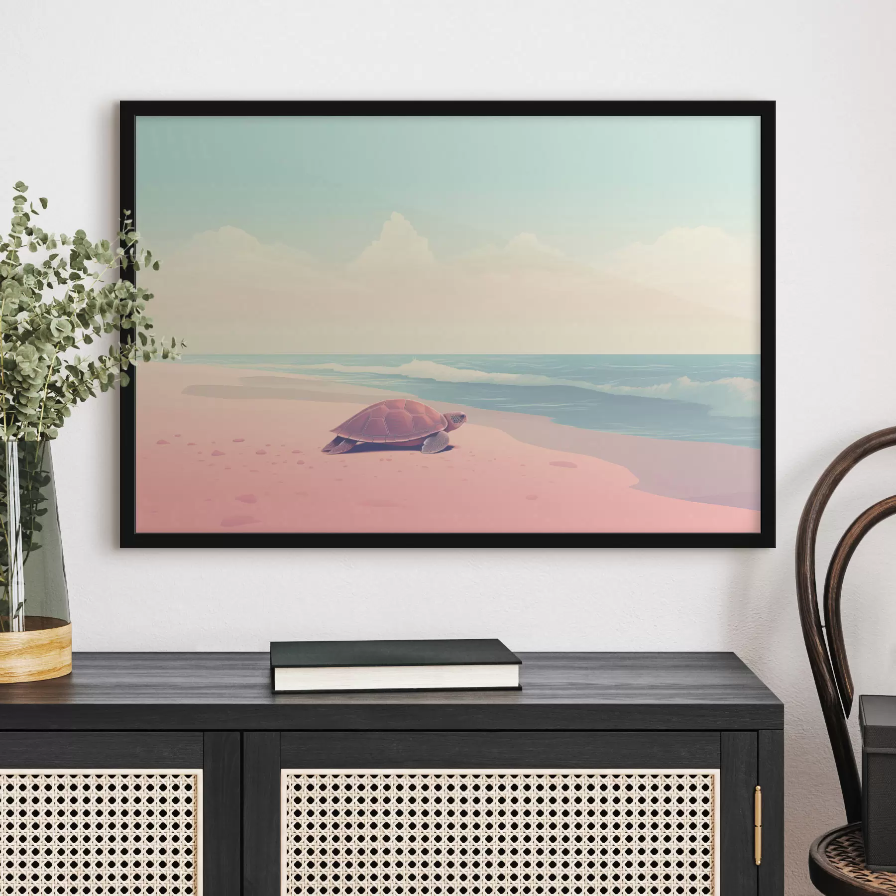 Fotobehang Zeeschildpad op een roze strand: minimalistisch landschap f45059