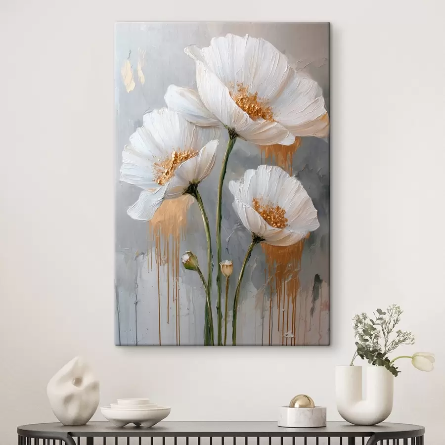  Schilderijen Witte margrieten: volumetrisch schilderij op blauwe achtergrond s45240