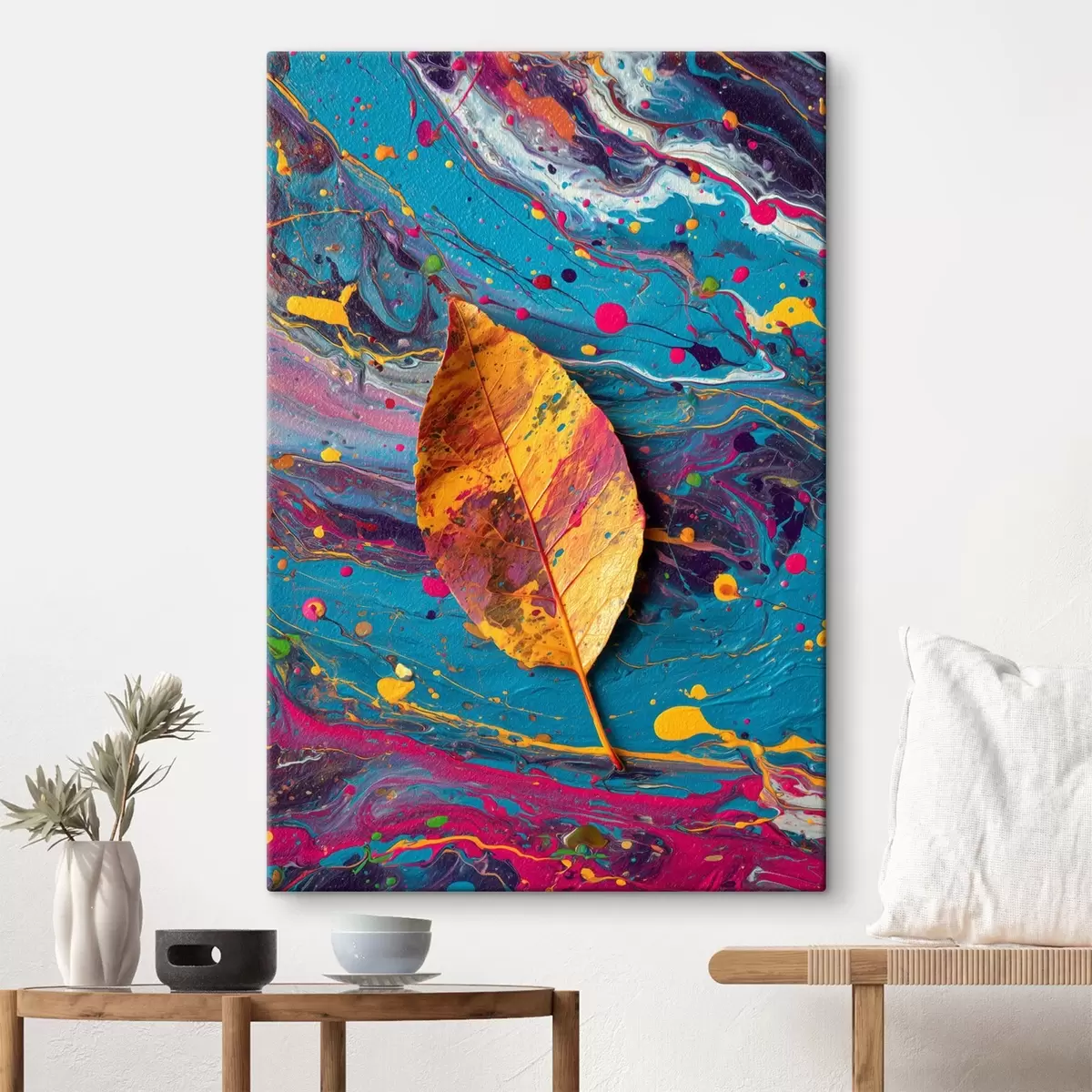  Peintures Feuille lumineuse sur fond coloré : composition abstraite s45245