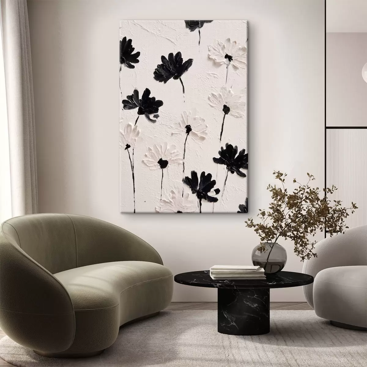  Schilderijen Volumetrische bloemen: impasto compositie in monochrome tinten s45247