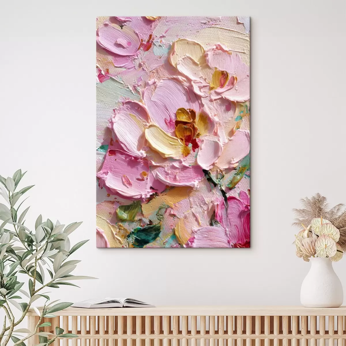  Schilderijen Roze magnolia's: structuurschilderij met dimensionale streken s45249