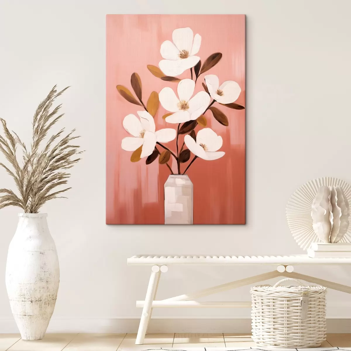  Schilderijen Witte magnolia's in een witte vaas: minimalistisch bloemenschilderij s45254