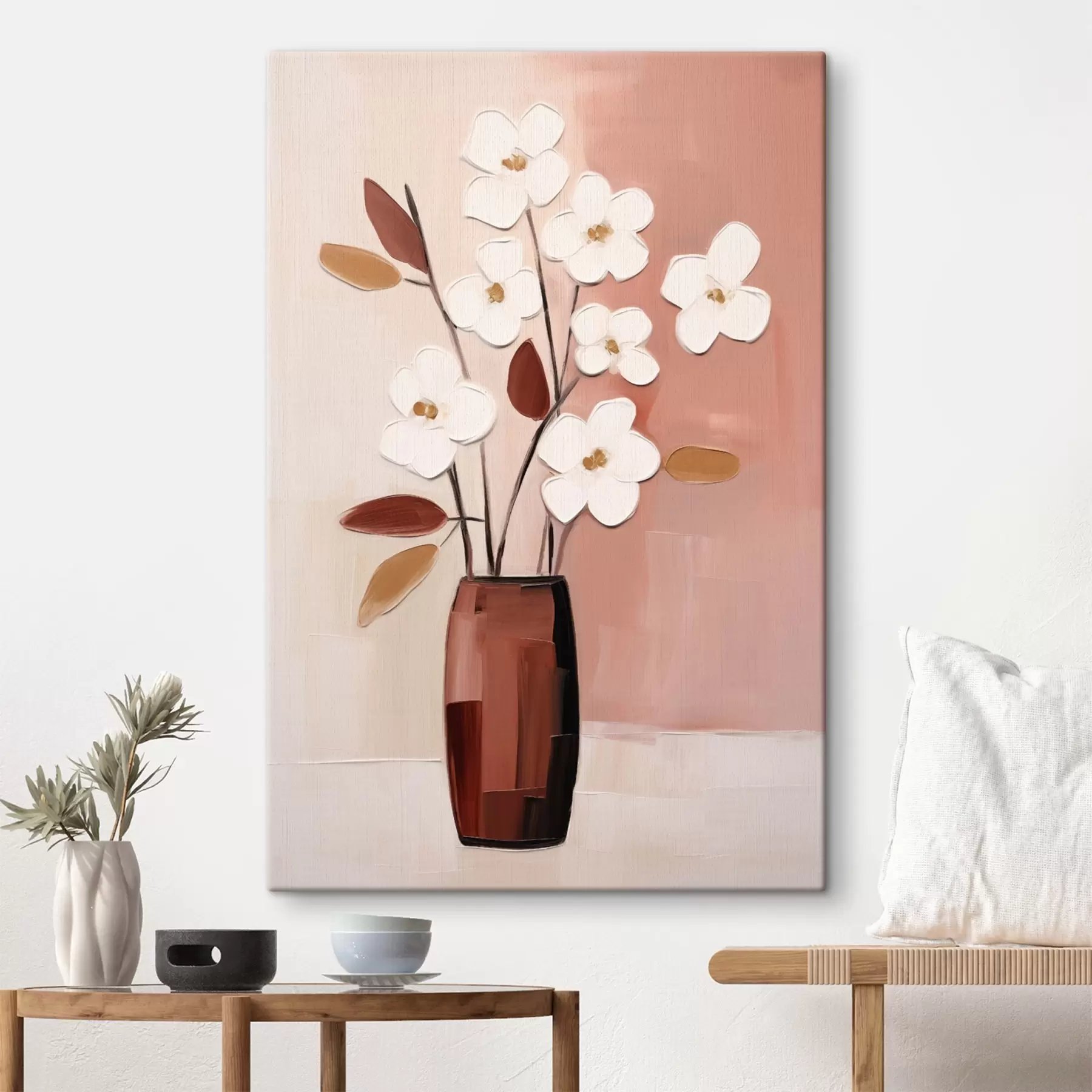  Peintures Fleurs blanches dans un vase sombre : peinture florale moderne s45255